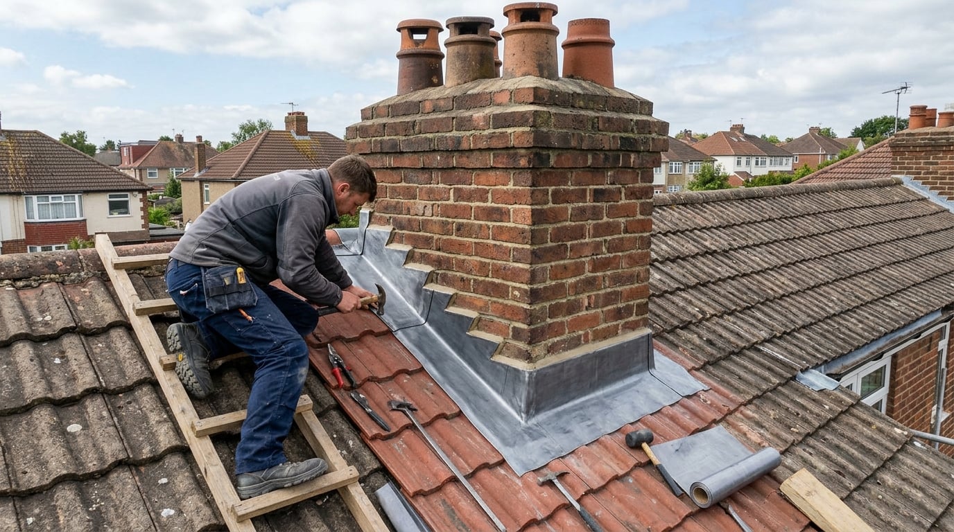 New lead flashing installed around a chimney